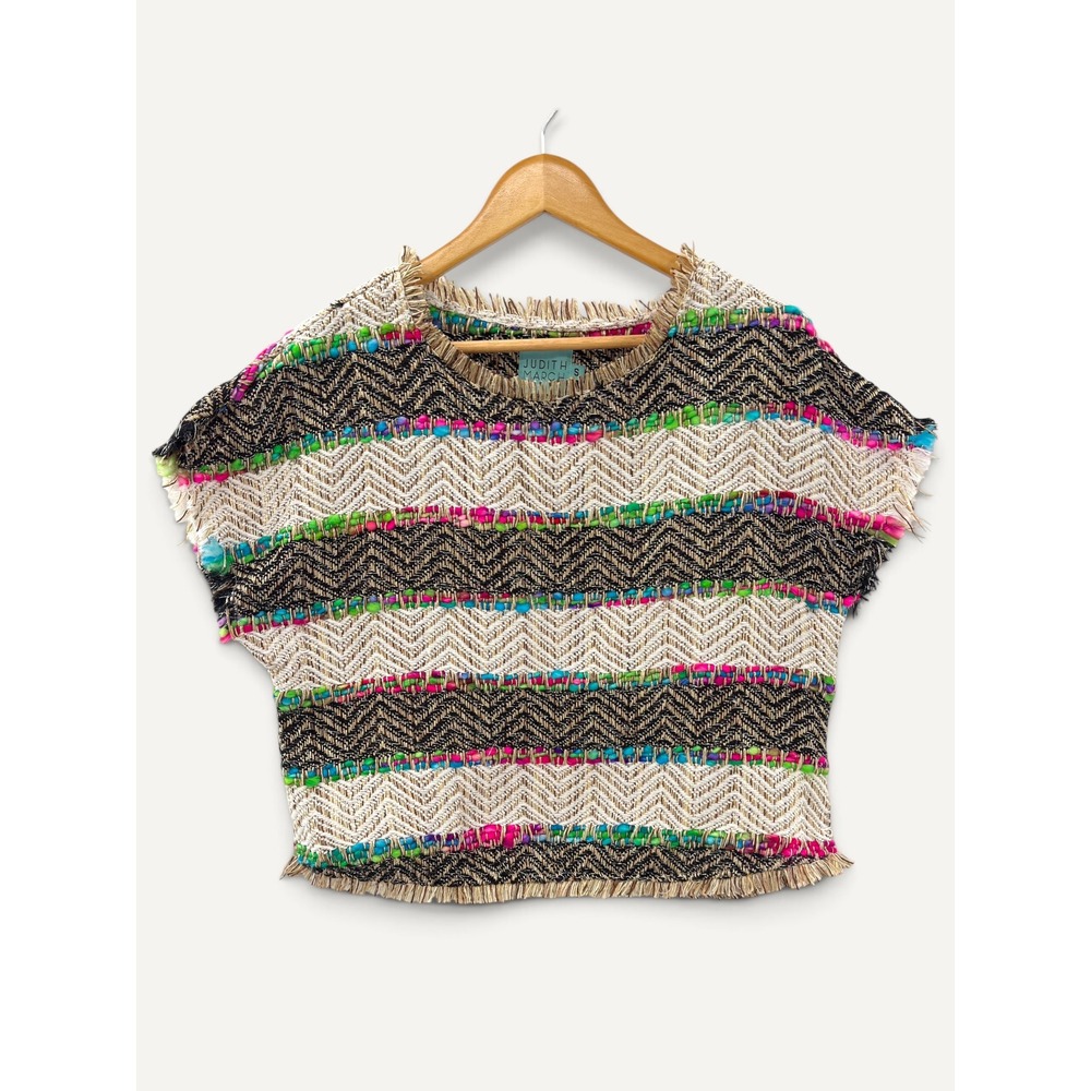 Judith March Fringe Chevron Woven Crop Top S Boho Eclectic Multicolor Artisan